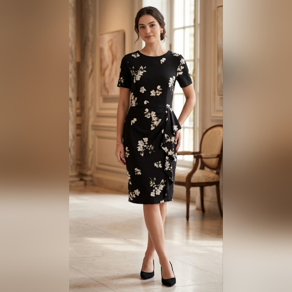 ​✨Lauren Ralph Lauren Black Floral Ruffle Cascade Sheath Dress✨️Like New✨Size 6